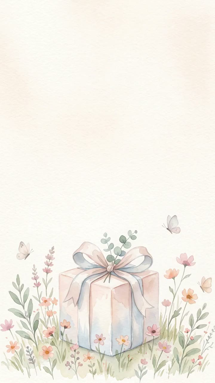 Modèle Boîte à Surprise — Le ruban se dénoue et le couvercle se soulève — aquarelle et guirlande de fanions.
