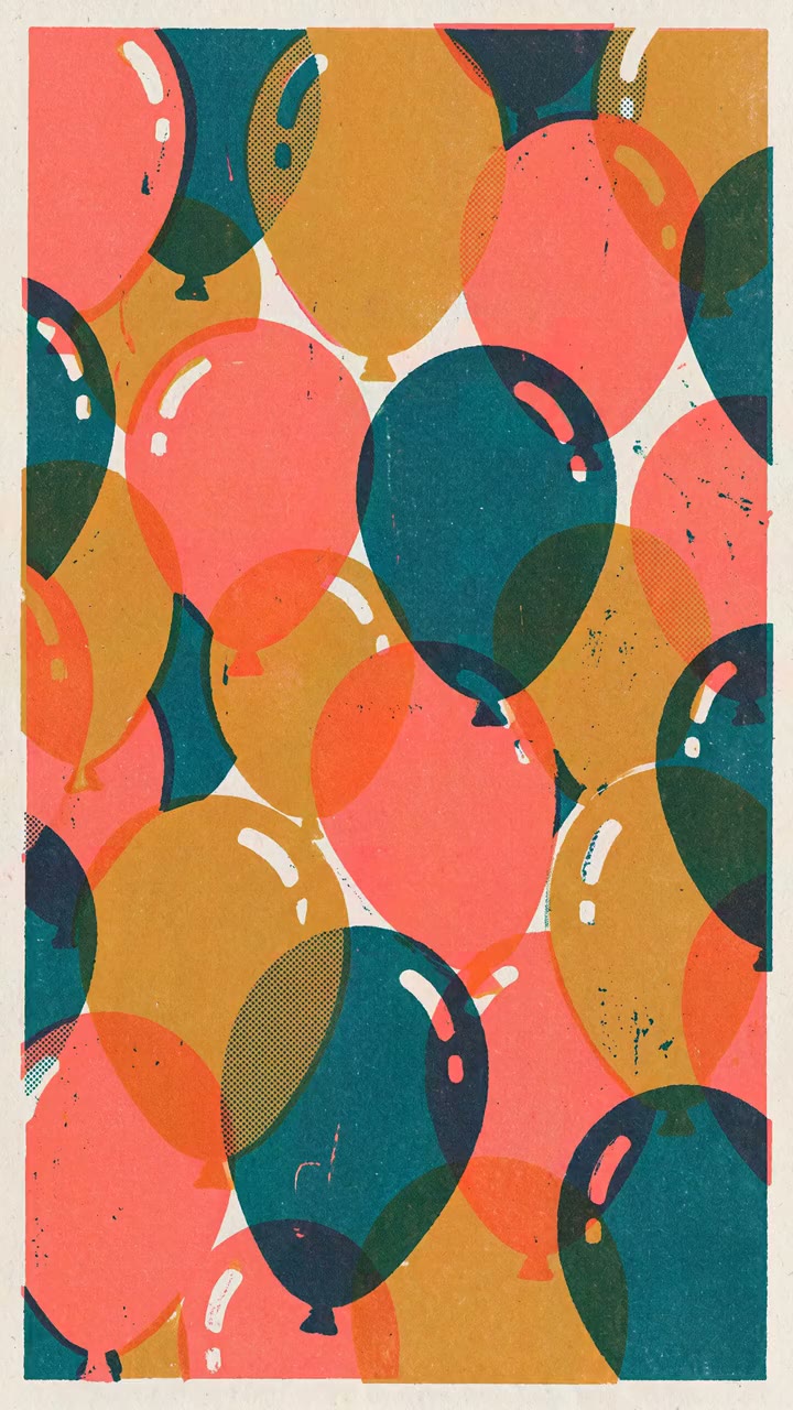 Modèle Encre & Ballons — Le mur de ballons s'écarte — risographie, trois encres et grain de papier.