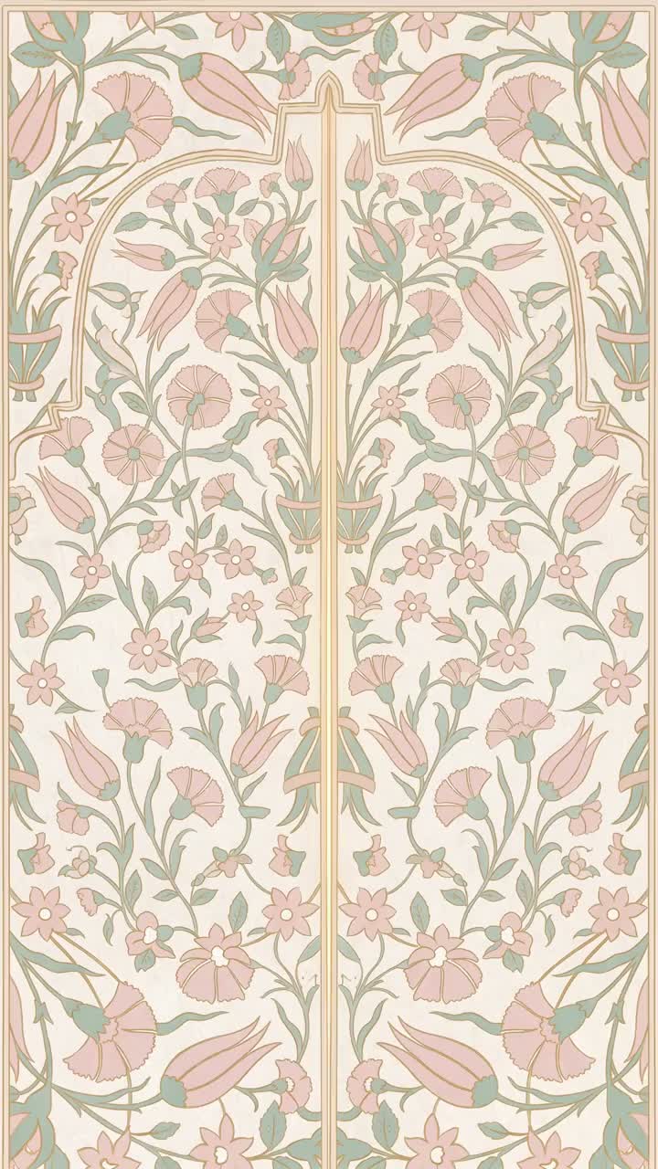Modèle Iznik Pastel — Un portail fleuri s'ouvre en pastel — rose poudré et vert d'eau.