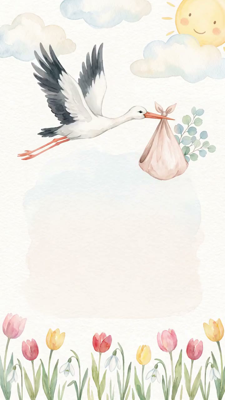 Modèle Petit Nuage — Une cigogne apporte son baluchon — aquarelle, prairie fleurie et ciel pâle.