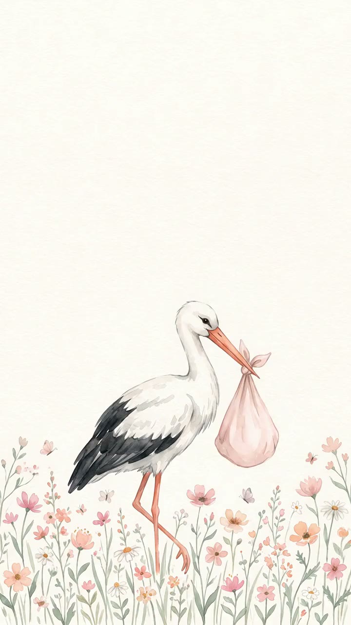 Modèle Pré Fleuri — La cigogne pose son baluchon dans les fleurs — feuillage et prairie.